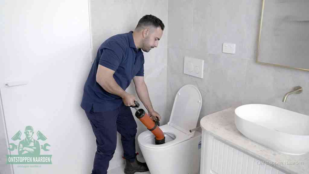 Een monteur gebruikt een handmatige perspomp (toiletontstopper) op een wandcloset tijdens het professioneel wc ontstoppen in Naarden